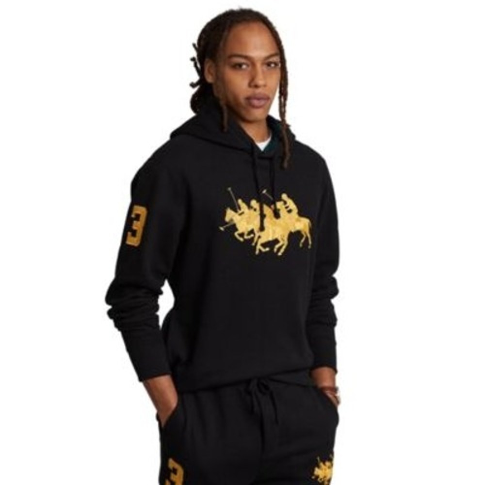 NWT Polo Ralph Lauren Black Gold Triple Pony Number Fleece Hoodie Men's Size XXL